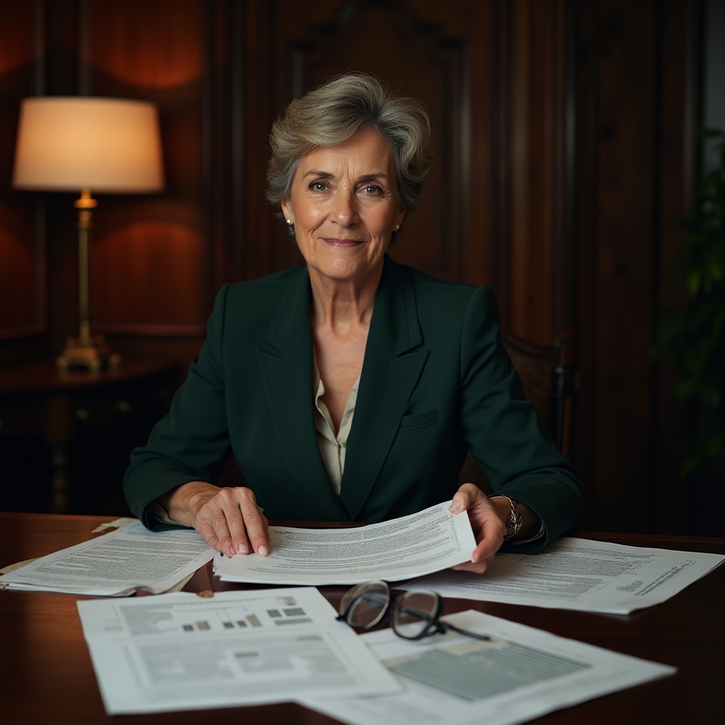 Senior professional analyzing complex trust agreement documents with multiple highlighted sections