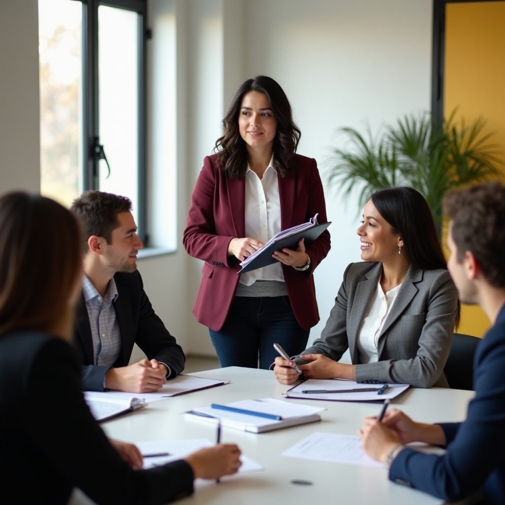 Educator presenting structured curriculum materials to a small group in a professional setting