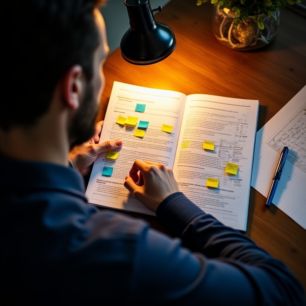 Professional carefully reviewing a multi-page prospectus document with annotations and sticky notes