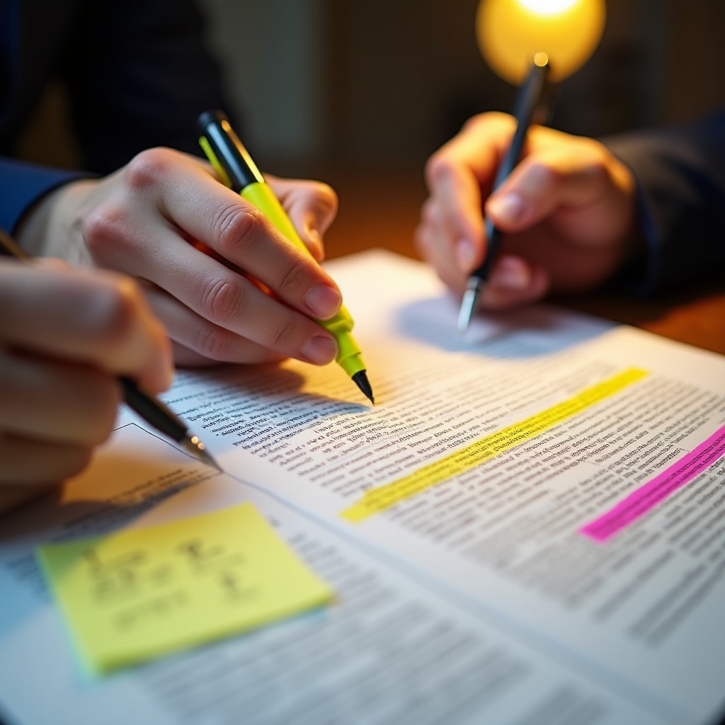 Close-up of hands annotating a real estate prospectus document with highlighters and notes