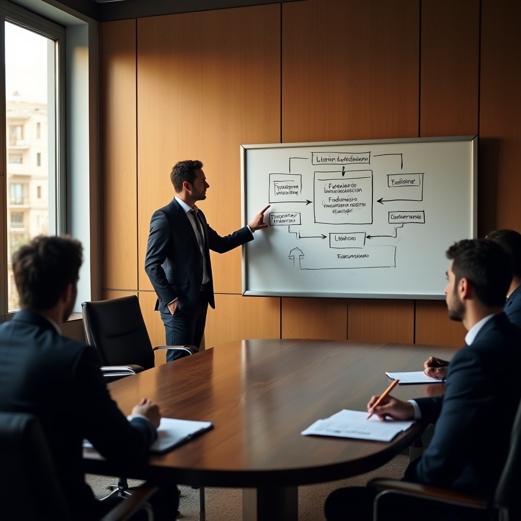 Educator explaining fideicomiso structure with diagrams on a whiteboard