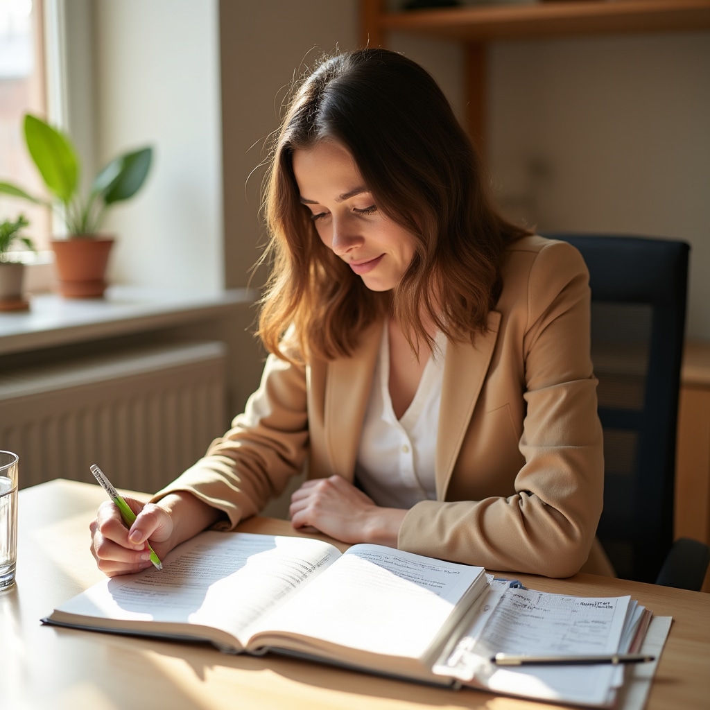 Student reading introductory real estate finance materials at a clean modern workspace