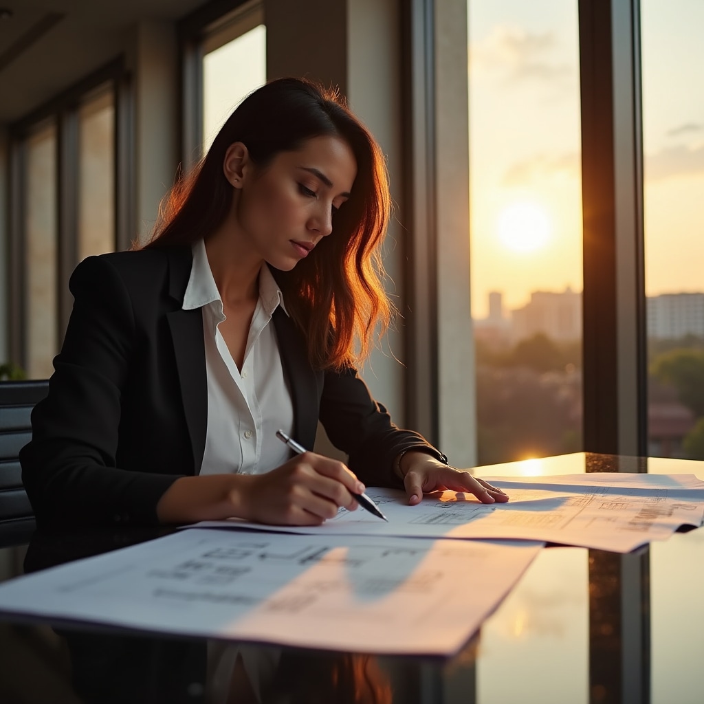 Professional reviewing real estate financial documents at a modern desk