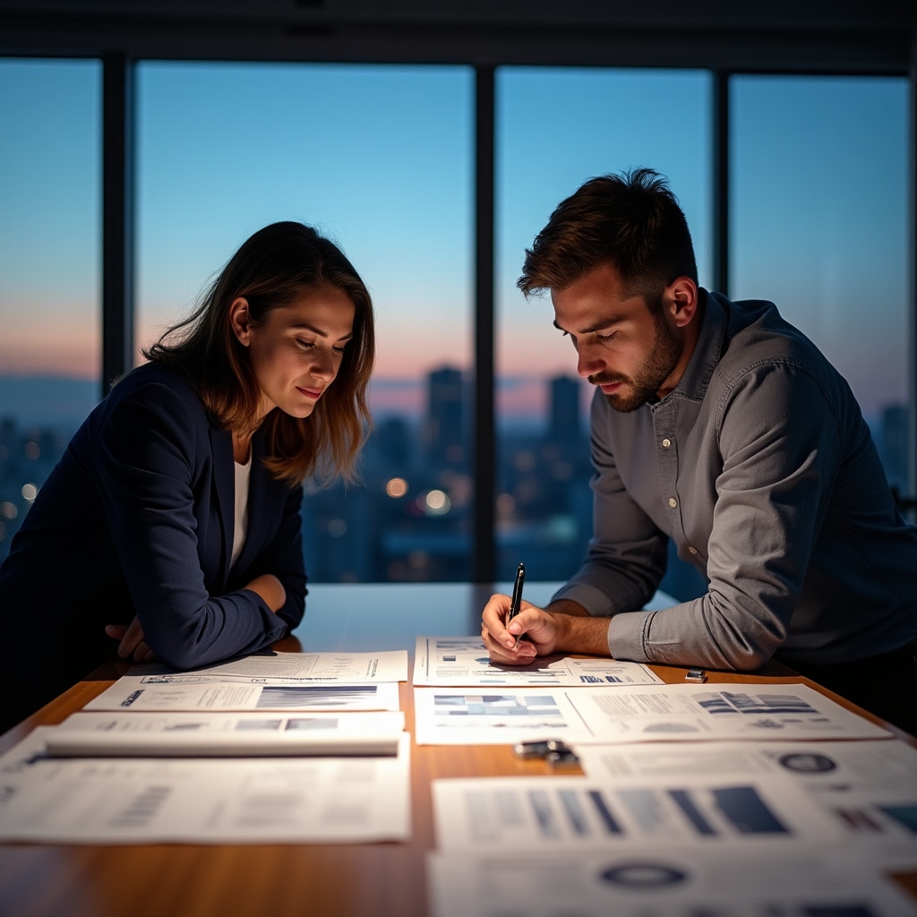 Two professionals studying real estate market charts and financial documents together