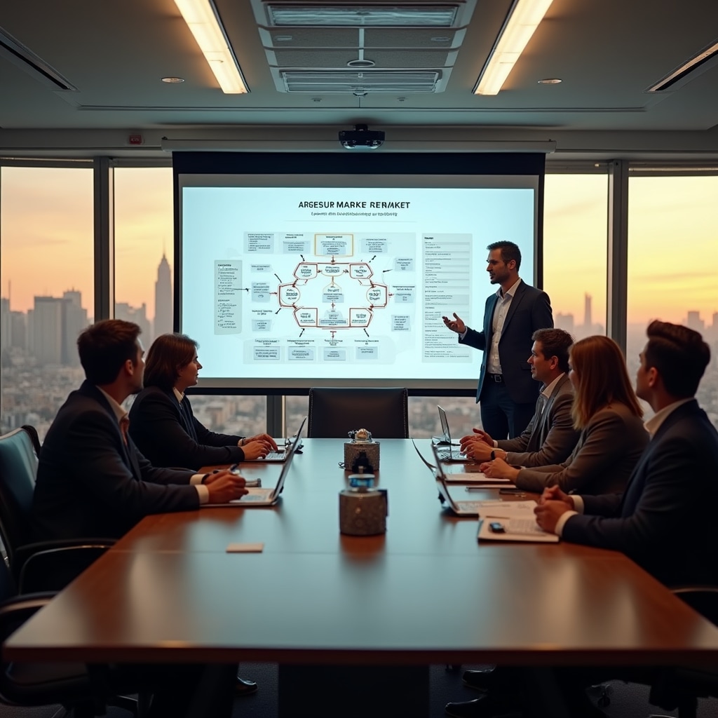 Wide shot of a professional presentation about Argentine real estate market structures with visual diagrams